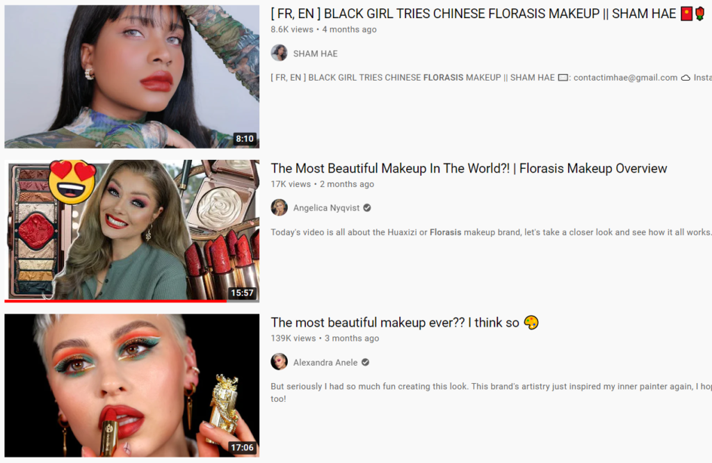 Florasis makeup review videos on YouTube by American influencers.